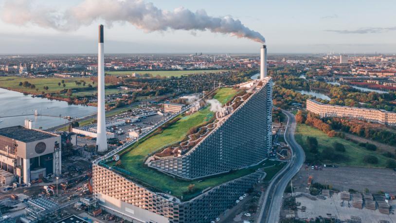 CopenHill or Amager Bakke, the ski slope on top of a power plant in Copenhagen neighborhood Refshaleøen