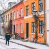 Colourful terraced houses in Copenhagen in winter, snow on the ground