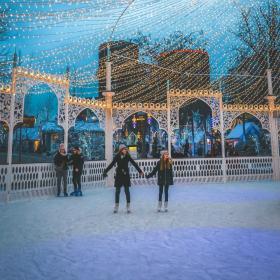 Ice skating in front of the magical Nimb Hotel in the iconic Tivoli Gardens